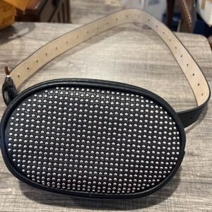 Studded Black Faux Leather Crossbody Belt Bag - Contemporary Women’s Fanny pack